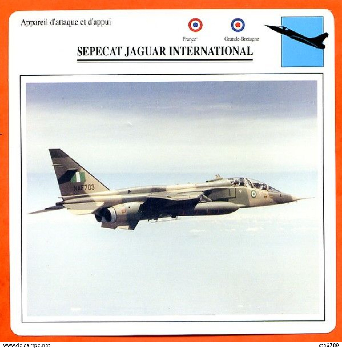 Fiche Aviation SEPECAT JAGUAR INTERNATIONAL  / Avion Attaque Et Appui  UK France Avions - Airplanes