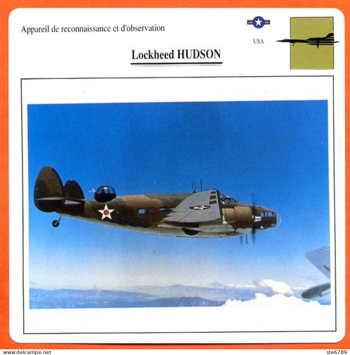 Fiche Aviation Lockheed HUDSON  / Avion Reconnaissance Et Observation USA  Avions - Airplanes