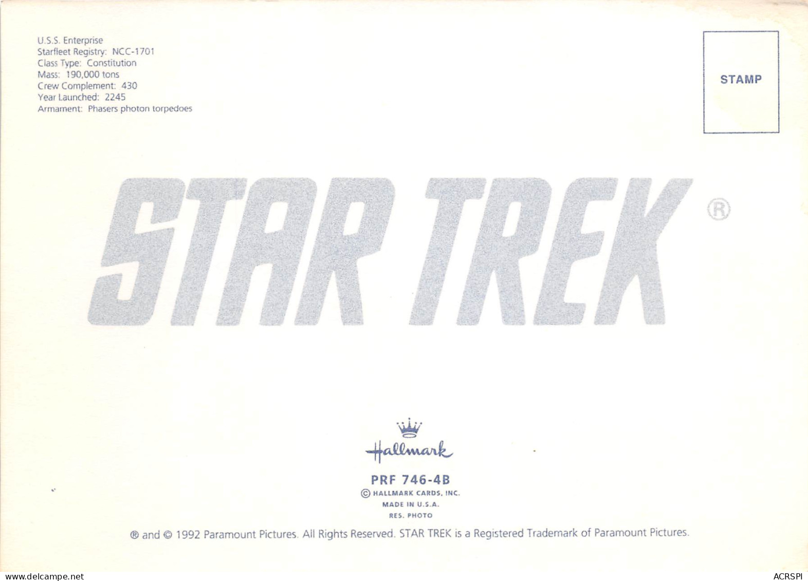  STAR TREK  USS  Enterprise  Starfleet Registry  KIRK  Spock  ZULU  CHEKOV Cinema Serie   (scan Recto-verso) OO 0998 - Séries TV