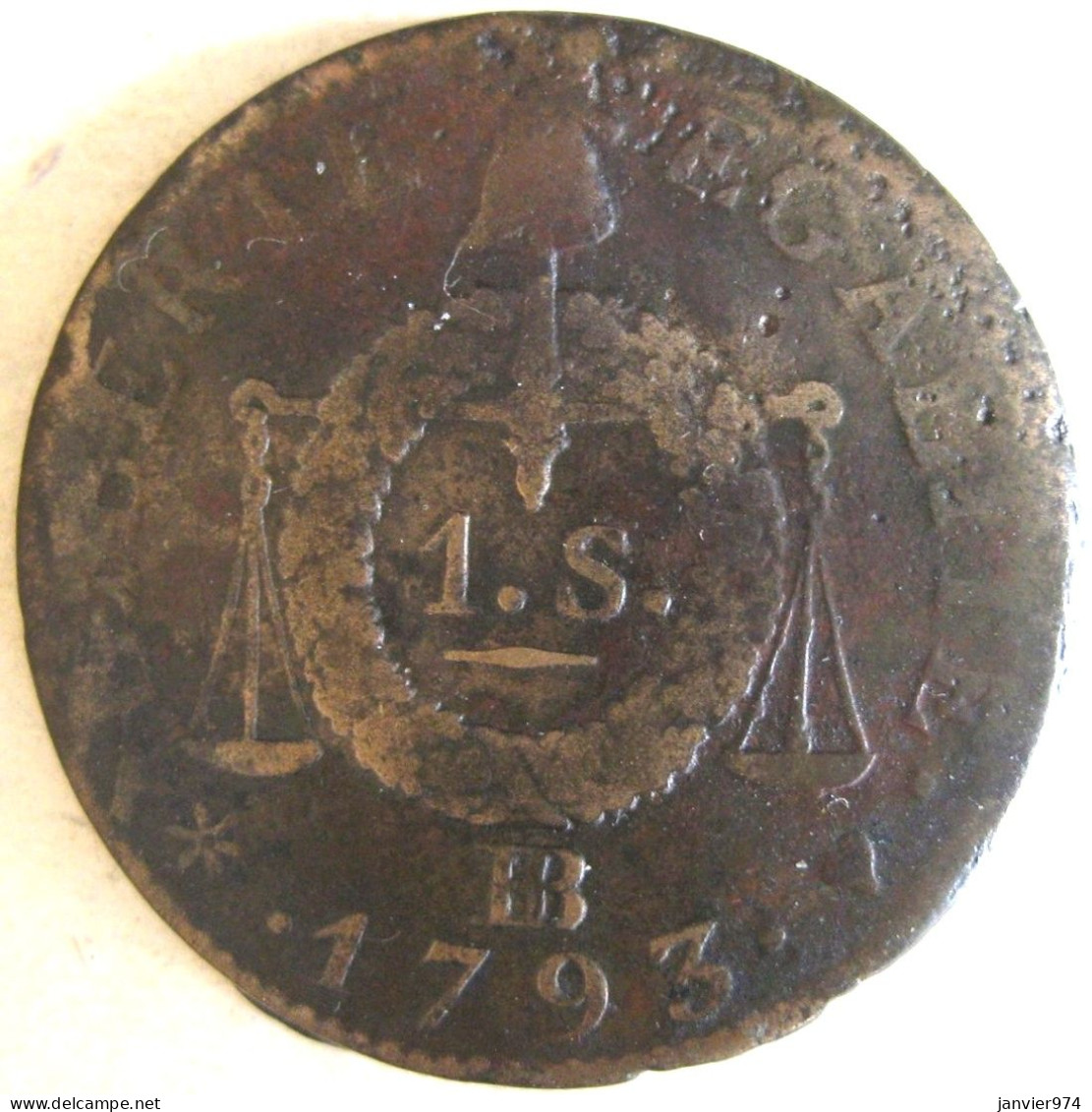 Convention , 1 Sol Aux  Balances 1793 BB Strasbourg An II Type François, Gad# 19 ; 10,5 G – 29 Mm - 1792-1975 Nationalkonvent