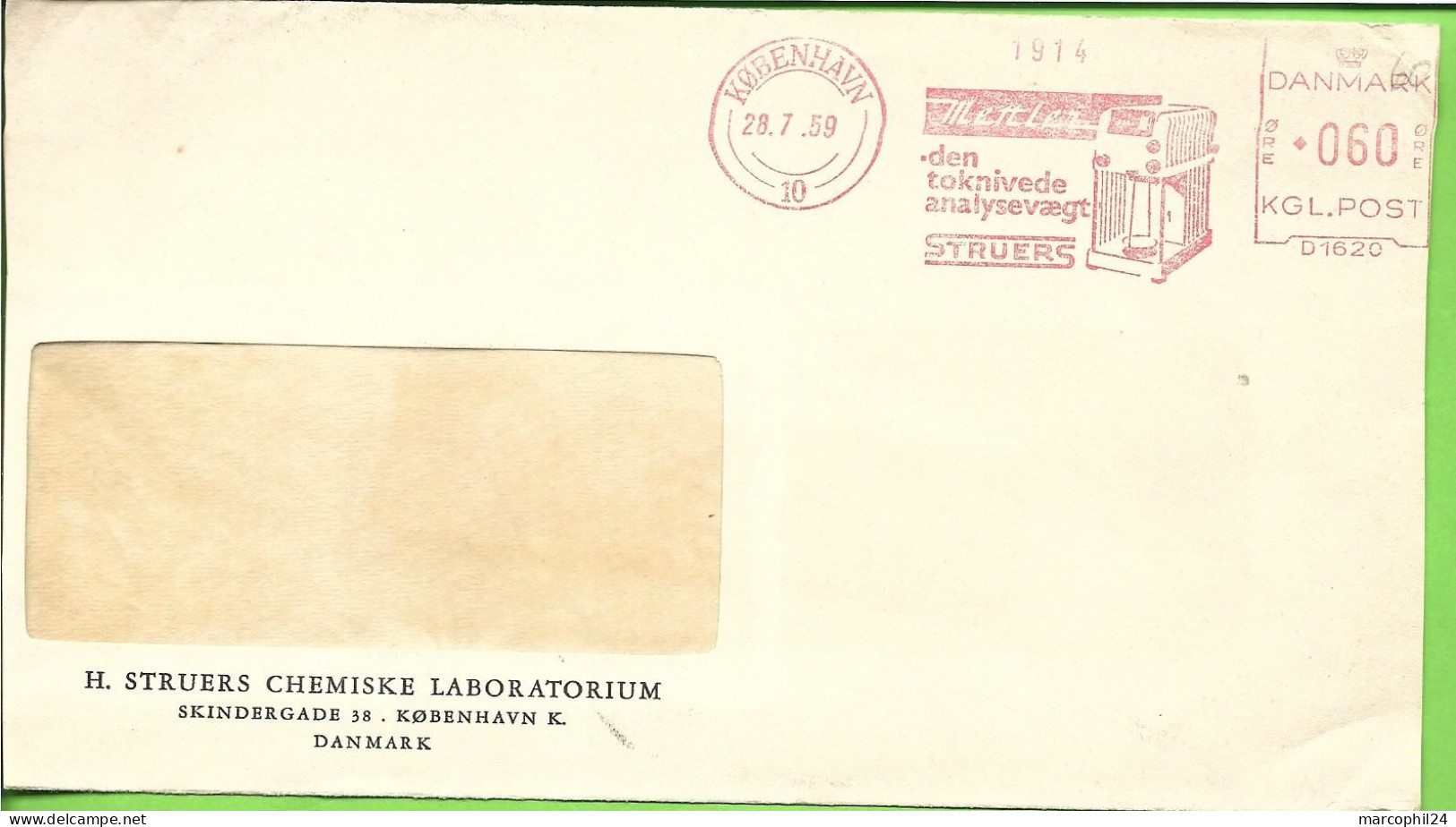 COPENHAGUE = KOBENHAVN 1959 = FLAMME Rouge EMA Illustrée D'une BALANCE ' STRUERS Den Toknivede Analysevaegt ' +ENVELOPPE - Maschinenstempel (EMA)