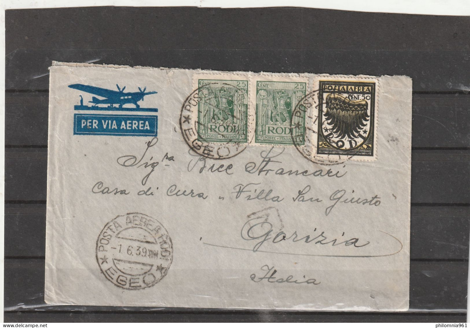 Italy Rhodos Rodi AIRMAIL COVER To Gorizia 1939 - Egeo (Rodi)