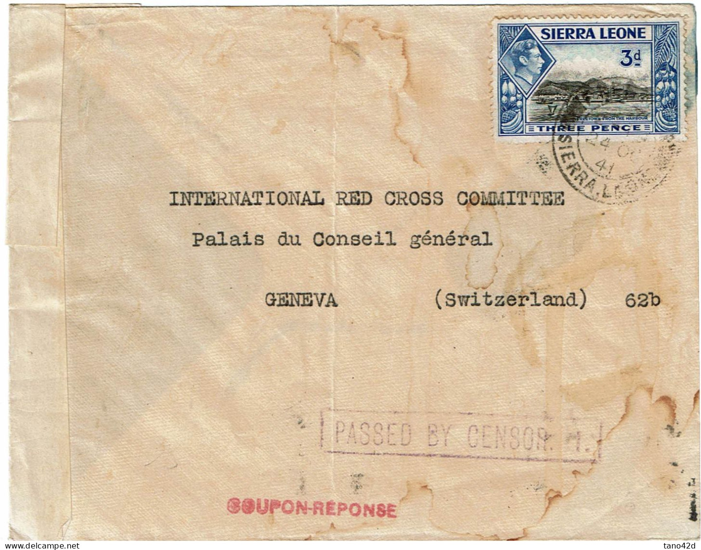 REF CTN89/PM - SIERRA LEONE LETTRE POUR LA CROIX ROUGE GENEVE 26/11/1941 CENSURE - Sierra Leona (...-1960)