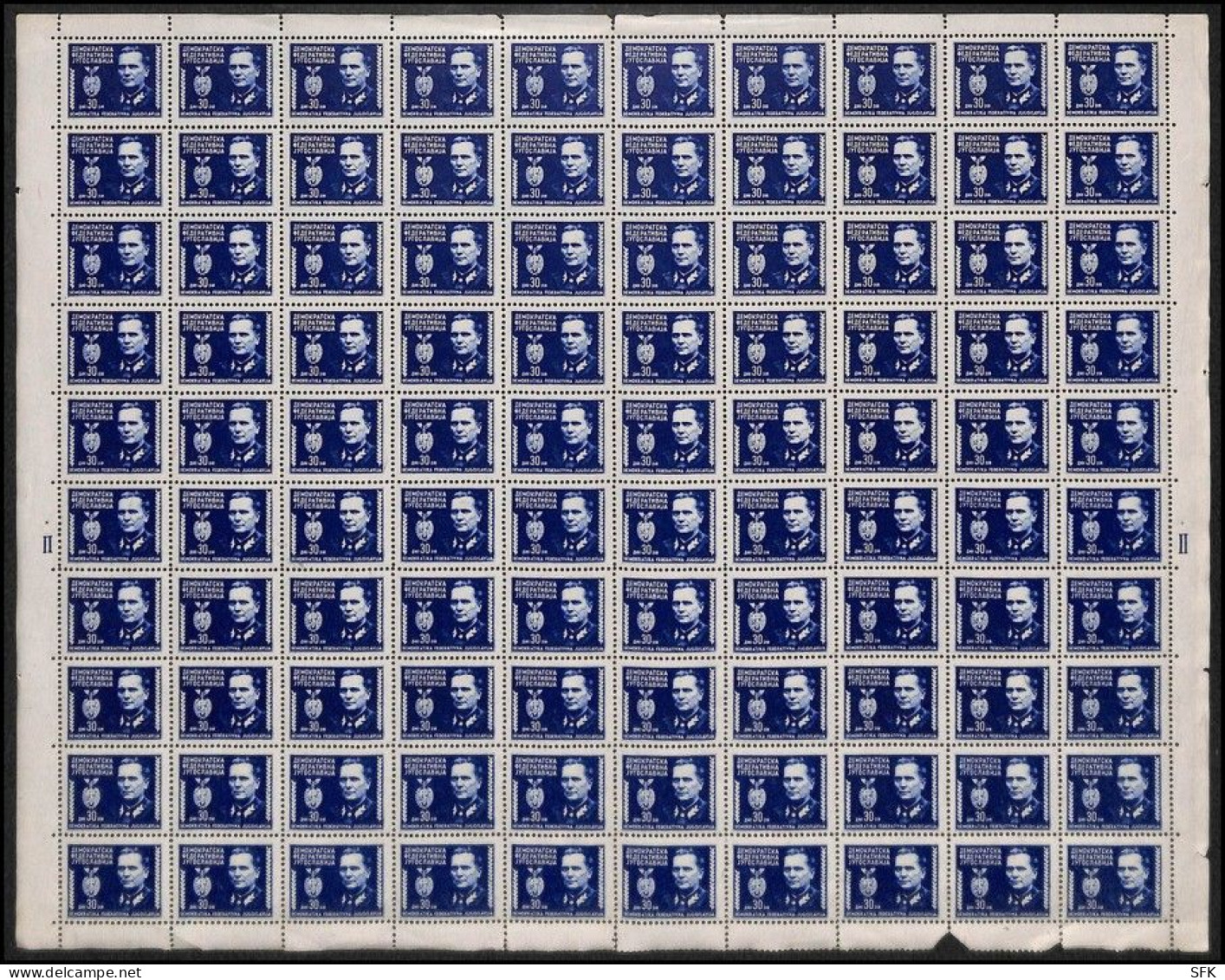 1945 TITO COMPLETE SHEETS OF 100, Complete Set, On Each Sheet Plate Number. Mi 445/47. Very Fine.  1883 - Usati