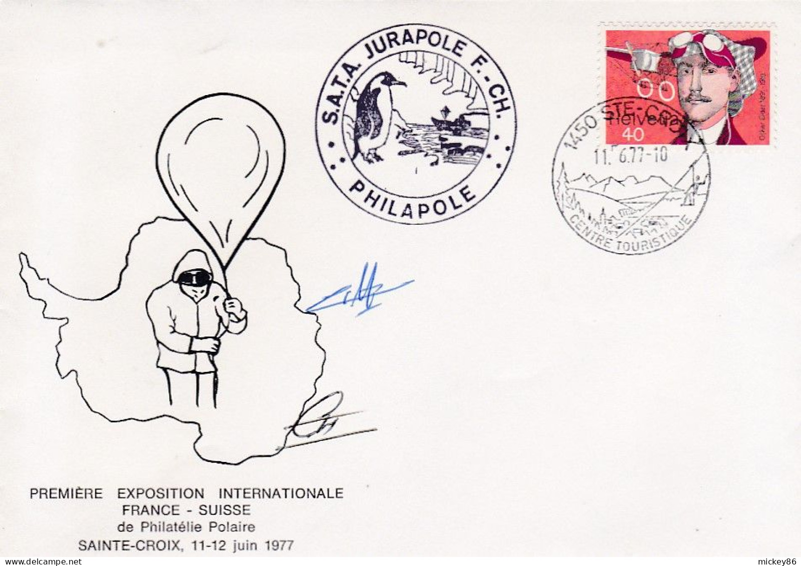 Suisse -1977- SAINTE CROIX - Cachet Du 11-6-77 --EXPO Intern... Timbre Aviateur -- Cachet PHILAPOLE ...SATA JURAPOLE F - Lettres & Documents