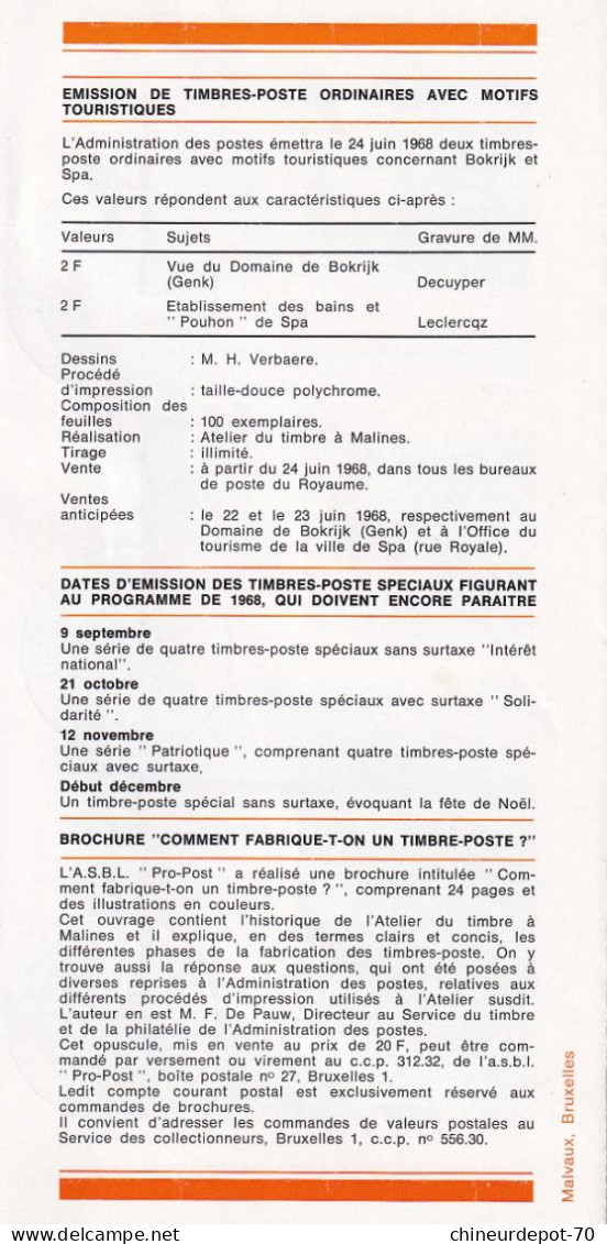 Administration Des Postes Belge émission D'une Serie De Timbres Poste Spéciaux  N° 8 1968 - Storia Postale