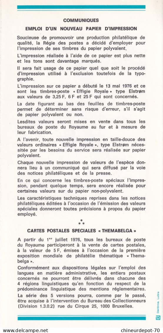 Administration Des Postes Belge émission D'un De Timbre Poste Spécial  N° 12 1976 - Cartas & Documentos