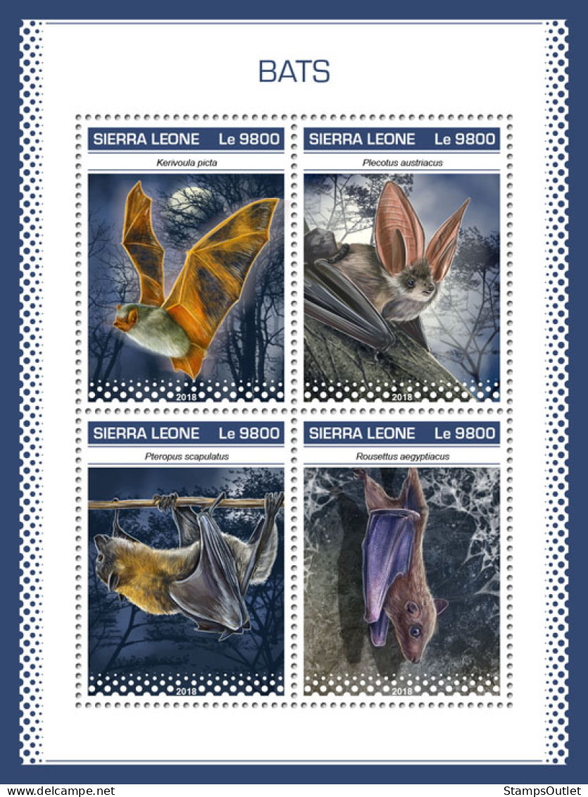 SIERRA LEONE 2018 MNH  Bats  Michel Code: 10320-10323. Scott Code: 5005. Yvert&Tellier Code: 8365-8368 - Sierra Leone (1961-...)