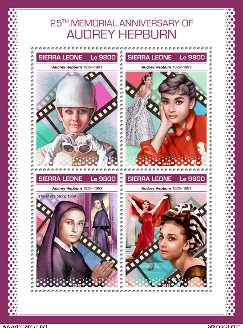 SIERRA LEONE 2018 MNH  Audrey Hepburn  Michel Code: 10370-10373. Scott Code: 4991. Yvert&Tellier Code: 8385-8388 - Sierra Leone (1961-...)