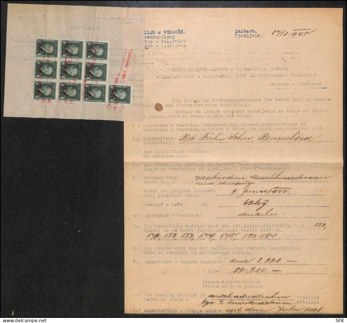 1945 Document Province Of Ljubljana Caunty Taxed With "bounded" Block Of Ten 10 C  PROVINCIA DI LJUBLJANA  1573 - Slowenien