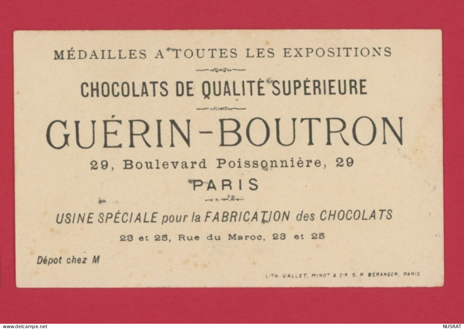 Chocolat Guérin Boutron, Jolie Chromo Lith. Vallet Minot, Personnages, Oh Le Joli Oiseau - Guerin Boutron
