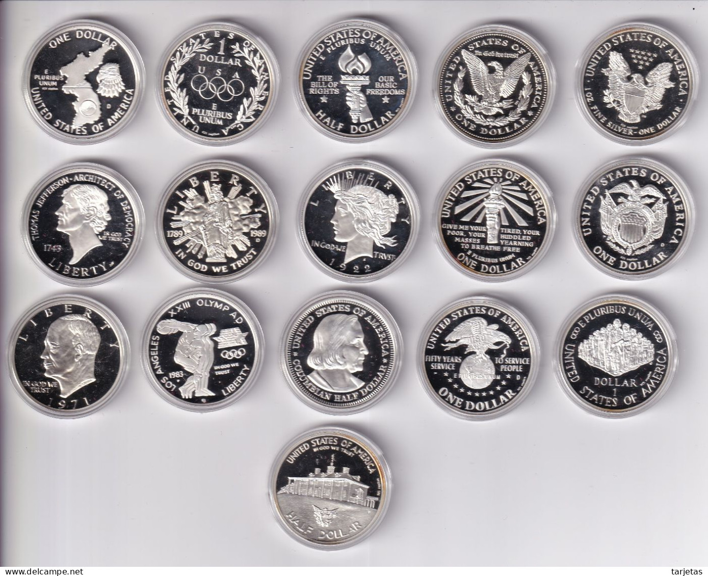 COLECCIÓN DE 16 MONEDAS DE PLATA PROOF DE LOS ESTADOS UNIDOS DE 1$ Y HALF DOLLAR (HISTORIA DEL DOLLAR DE PLATA) - Proof Sets