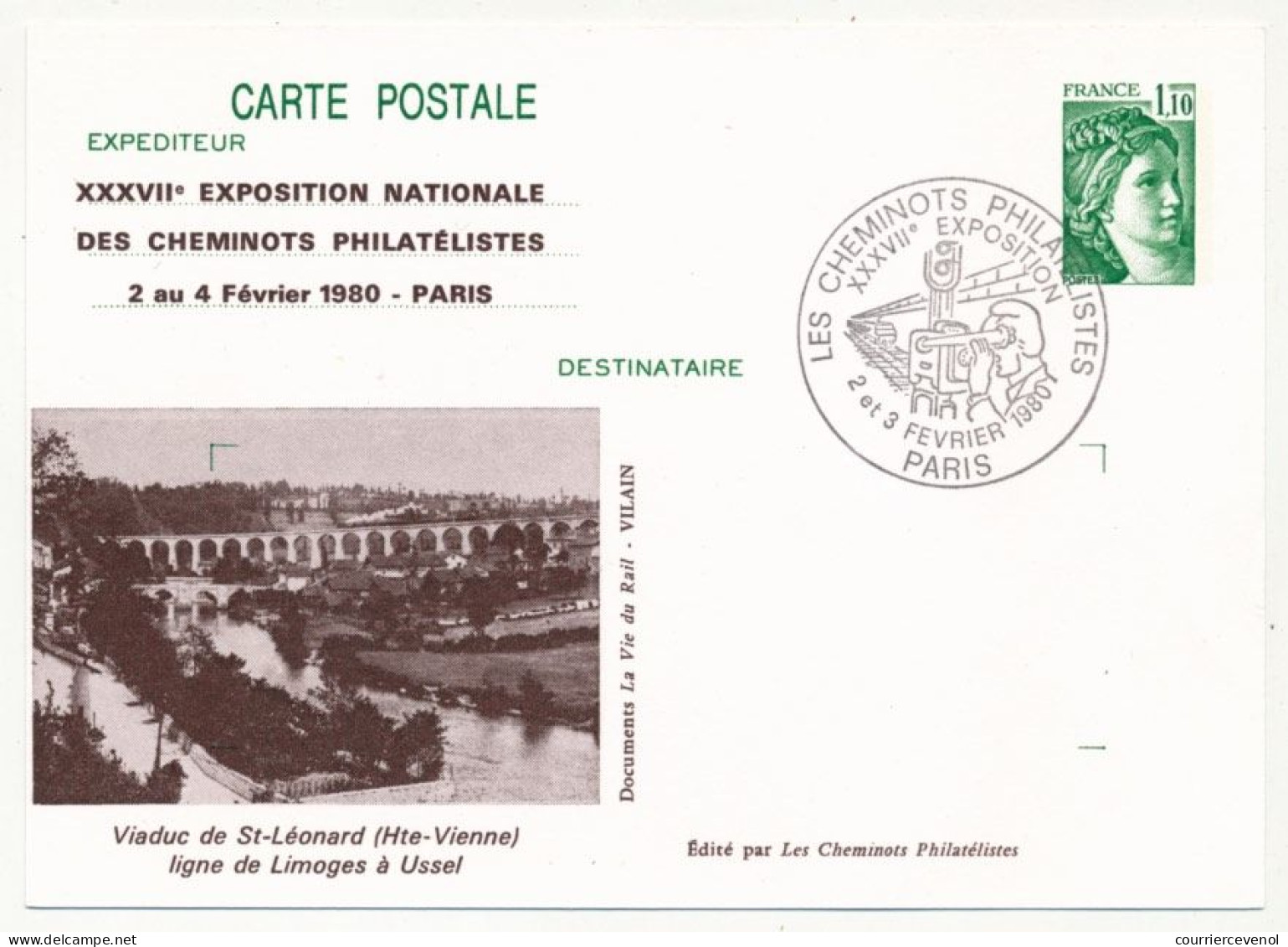 CP Entier Repiqué 1,10 Sabine - Viaduc De St Léonard - 37e Expo Des Cheminots Philatélistes - PARIS 2 Et 3 Février 1980 - Cartoline Postali Ristampe (ante 1955)