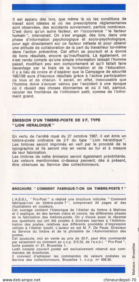 Administration Des Postes Belge émission D'un De Timbre Poste Spécial L  N°1 1968 édité En Français - Storia Postale