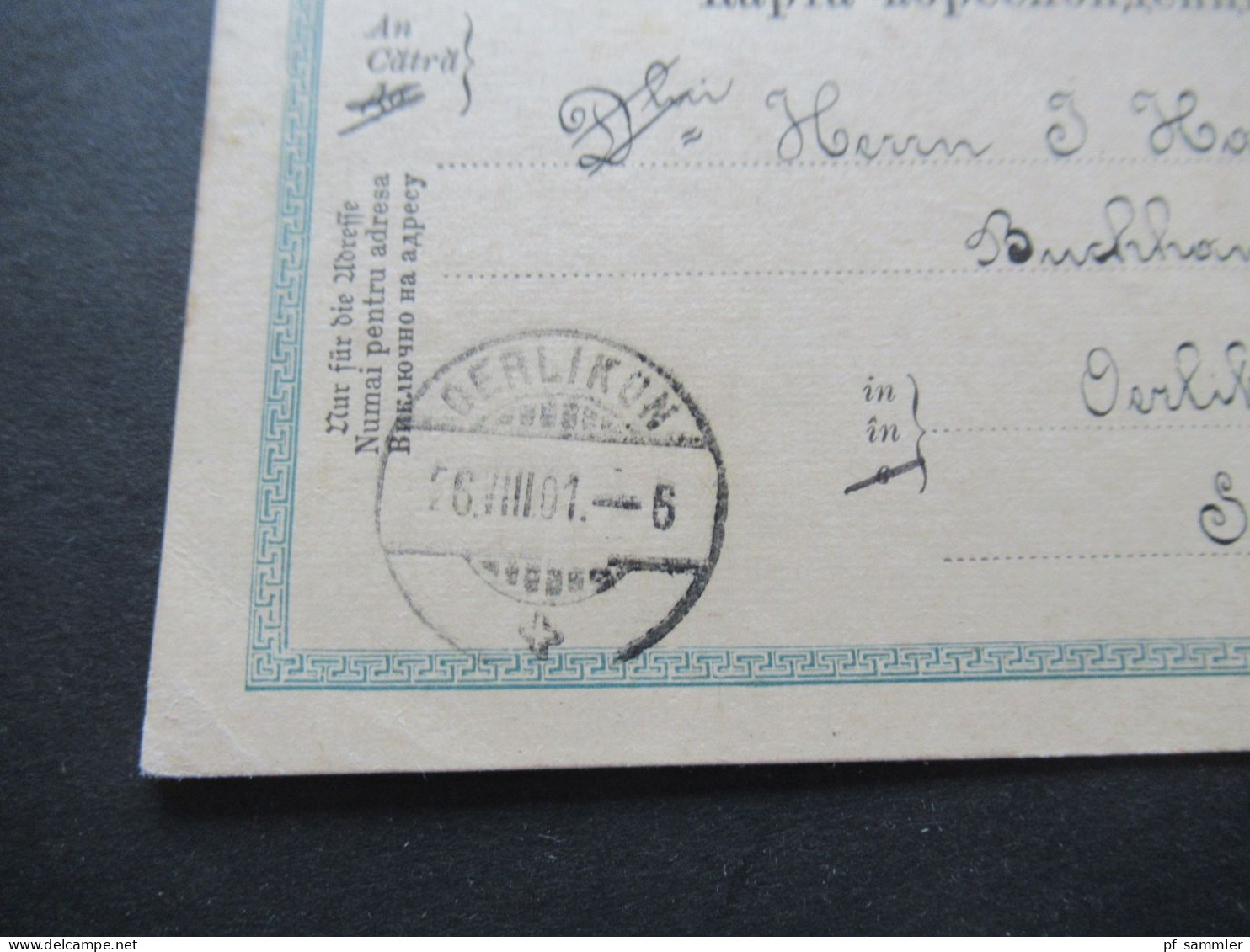 Österreich 1901 GA P 139 Deutsch -Rum.-Ruth. Mit 3 Heller Zusatzfrankatur Strichstempel Jakobleny Nach Oerlikon Schweiz - Postcards