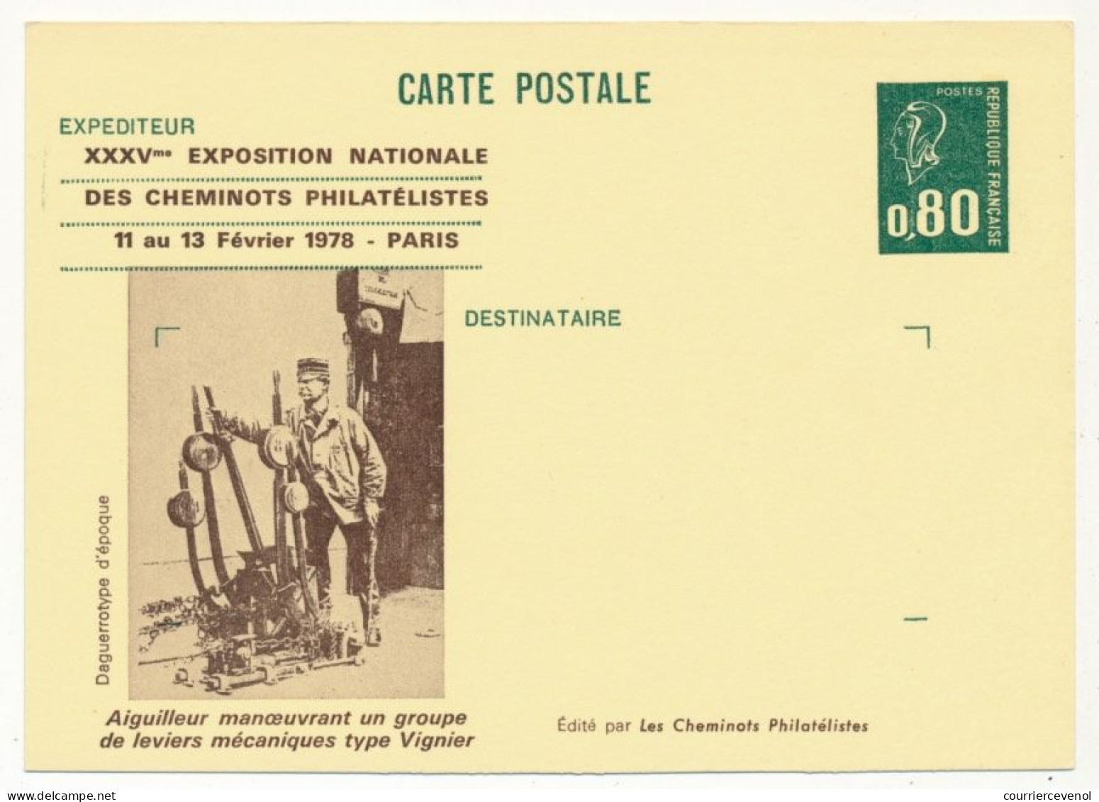 CP Entier Repiqué 0,80 Bequet - Aiguilleur Manoeuvrant... - 35e Expo Des Cheminots Philatélistes - PARIS -11/13 Fév 1978 - Overprinter Postcards (before 1995)