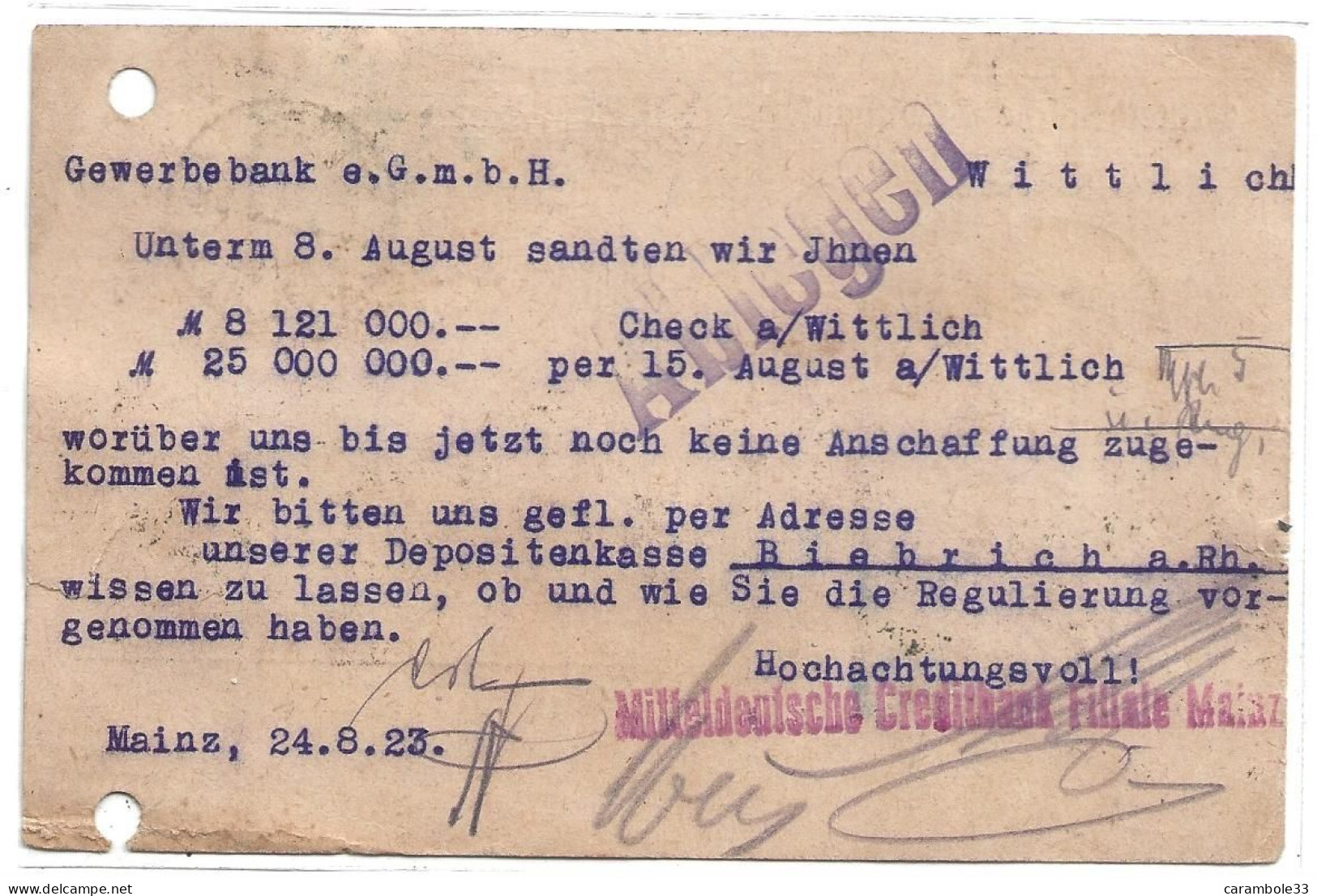 TIMBRE Allemagne  1923   2 Empreimtes à 3000 Marks + 2000 Marks (1)  BIEBRICH Mitteldeutfche  Mains (740) - 1922-1923 Emissioni Locali