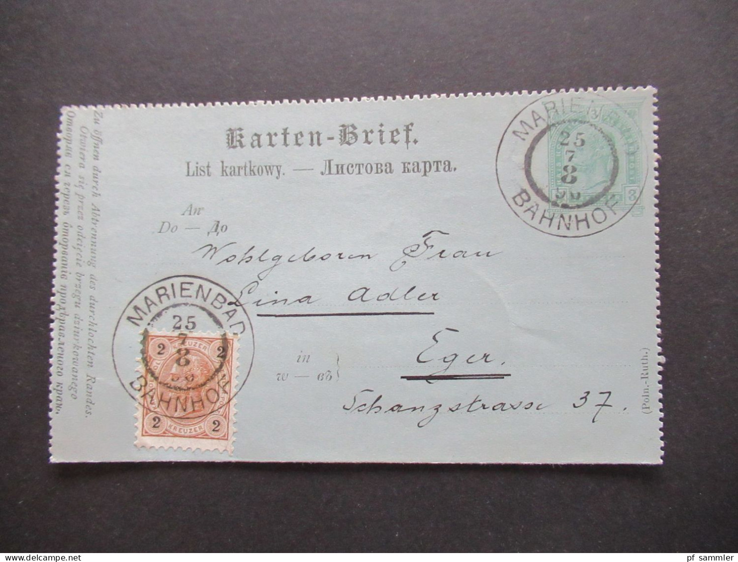 Österreich 1896 Kartenbrief K 19 (Poln.-Ruth.) Mit Zusatzfrankatur 2 Kreuzer Großer K2 Marienbad Bahnhof - Eger - Cartes-lettres