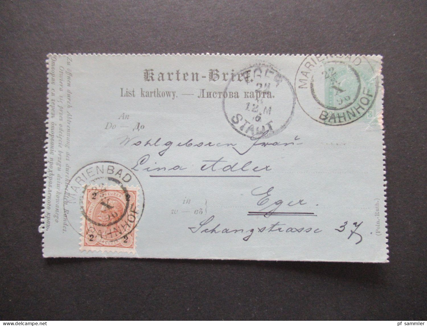 Österreich 1896 Kartenbrief K 19 (Poln.-Ruth.) Mit Zusatzfrankatur 2 Kreuzer Großer K2 Marienbad Bahnhof - Eger - Letter-Cards