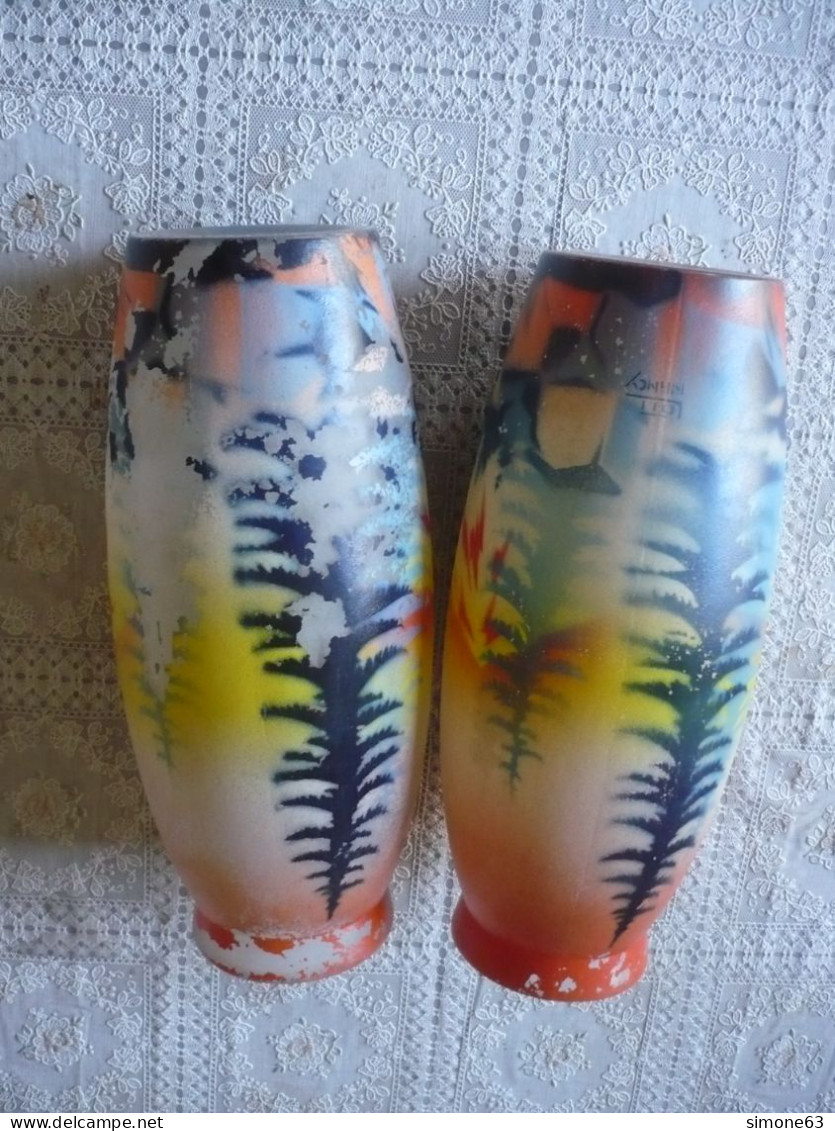 1930-  2 ANCIENS VASES Verre Opaque PEINT - SIGNES LOTI NANCY - Manufacture DELATTE - Décor MONTAGNE -ART DECO - Other & Unclassified