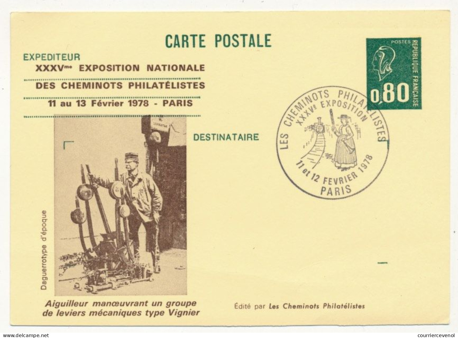 CP Entier Repiqué 0,80 Bequet - Aiguilleur Manoeuvrant... - 35e Expo Des Cheminots Philatélistes - PARIS -11/13 Fév 1978 - Postales  Transplantadas (antes 1995)