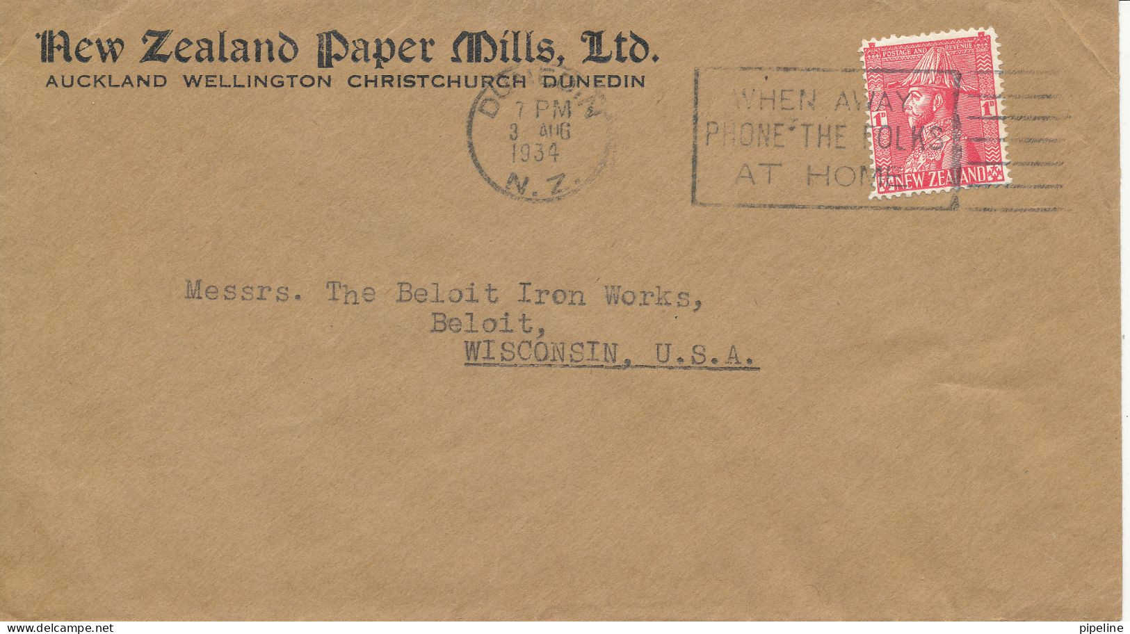New Zealand Cover Sent To USA Dunedin 3-8-1934 Single Franked - Lettres & Documents