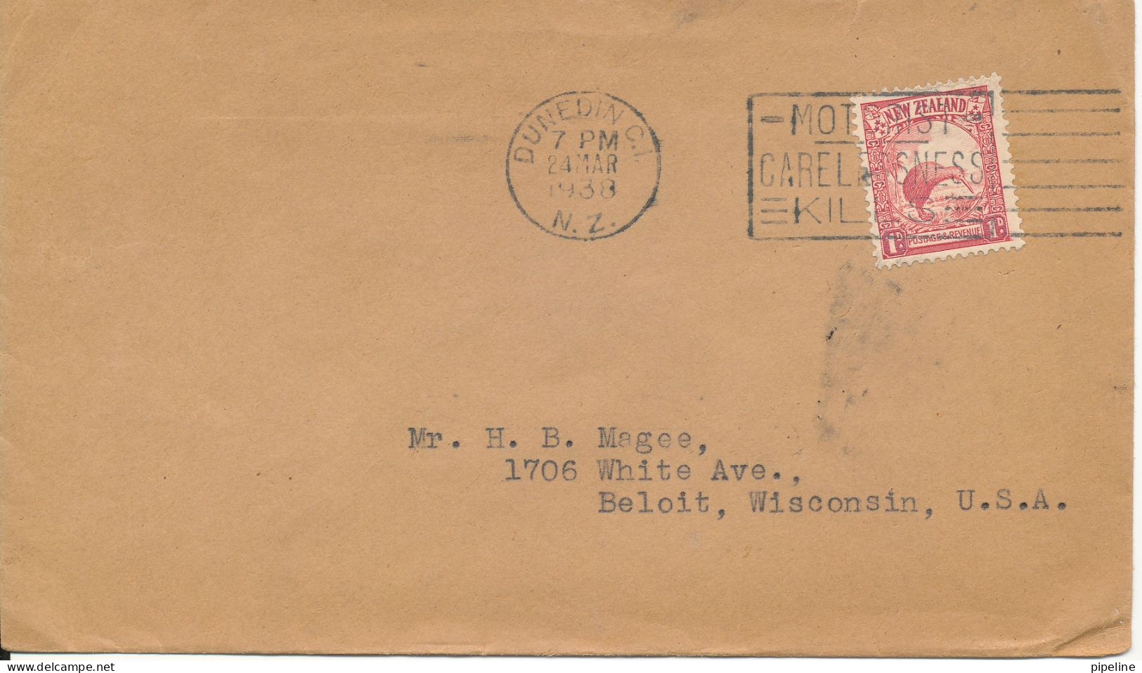 New Zealand Cover Sent To USA Dunedin 24-3-1938 Single Franked - Briefe U. Dokumente