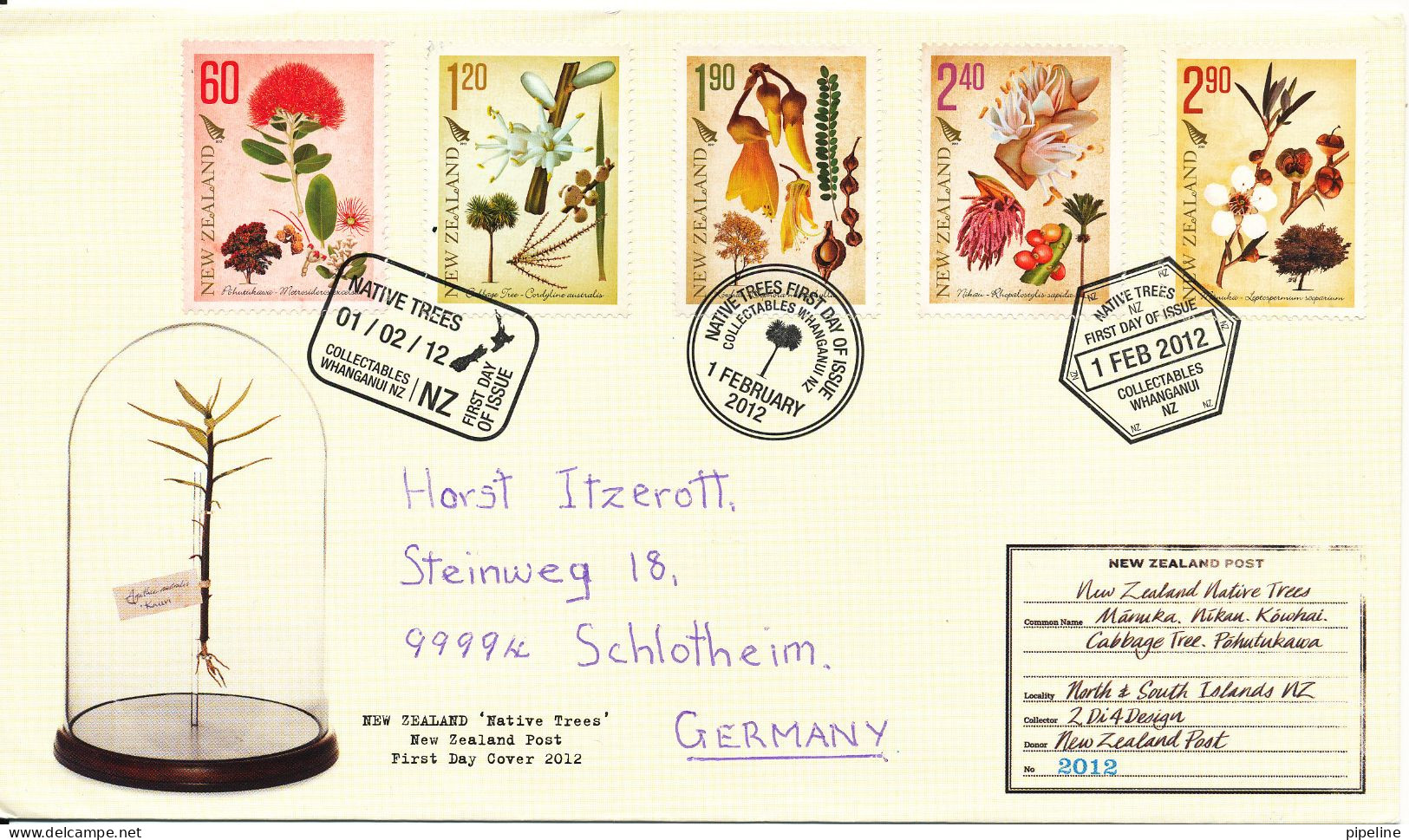 New Zealand FDC 1-2-2012 Sent To Germany Native Trees Complete Set Of 5 With Cachet - FDC