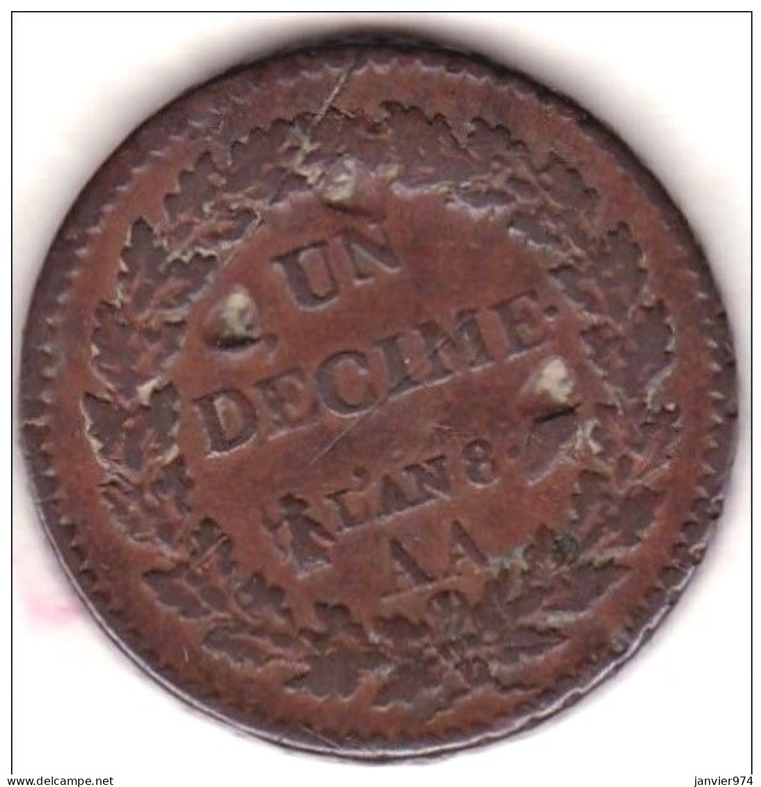 Consulat . Un Décime An 8 AA Metz, En Bronze, Gad# 187a ; 21,4 G – 32 Mm - 1792-1804 1ère République (An I – An XII)