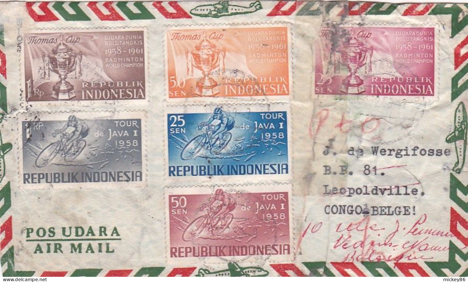 INDONESIE --1960-Lettre SURABAYA Pour LEOPOLDVILLE (Congo Belge)-timbres Divers, Cachet..lettre Réparée Par Adhésif - Indonesia