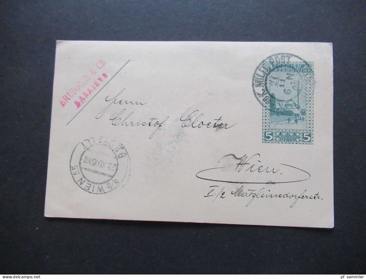 Österreich 1906 Bosnien U. Herzegowina GA P13 Stempel  KuK Milit. Post Und K2 5/2 Wien 55 Bestellt / KK Buchhaltung Brun - Bosnia And Herzegovina