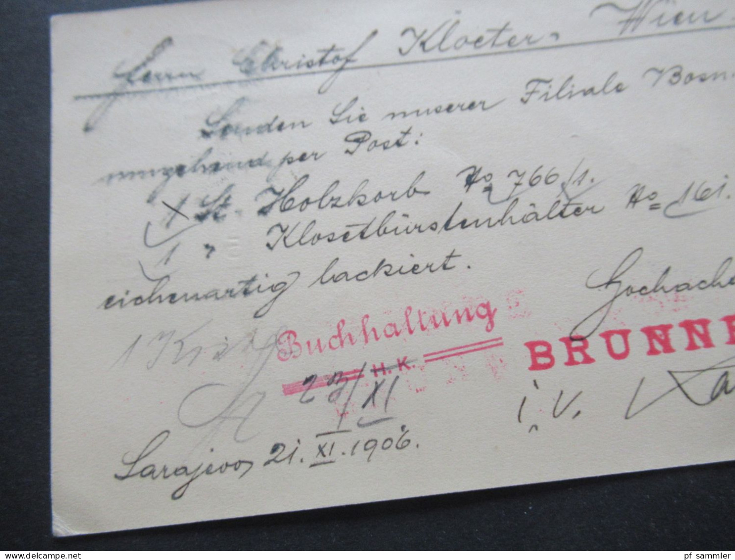 Österreich 1906 Bosnien u. Herzegowina GA P13 Stempel  KuK Milit. Post und K2 5/2 Wien 55 Bestellt / KK Buchhaltung Brun