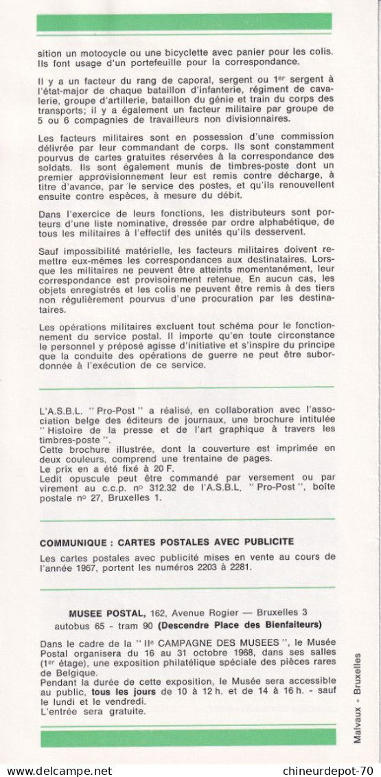 Administration Des Postes Belge émission D'un De Timbre Poste Spécial L  N°2 1968 édité En Français - Brieven En Documenten