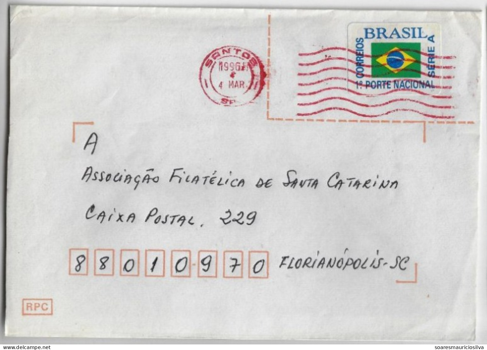 Brazil 1991/1996 4 Shipped Cover With Definitive Stamp And With Postmark In Red Ink (the Ink Of Meter Stamp Machines) - Storia Postale