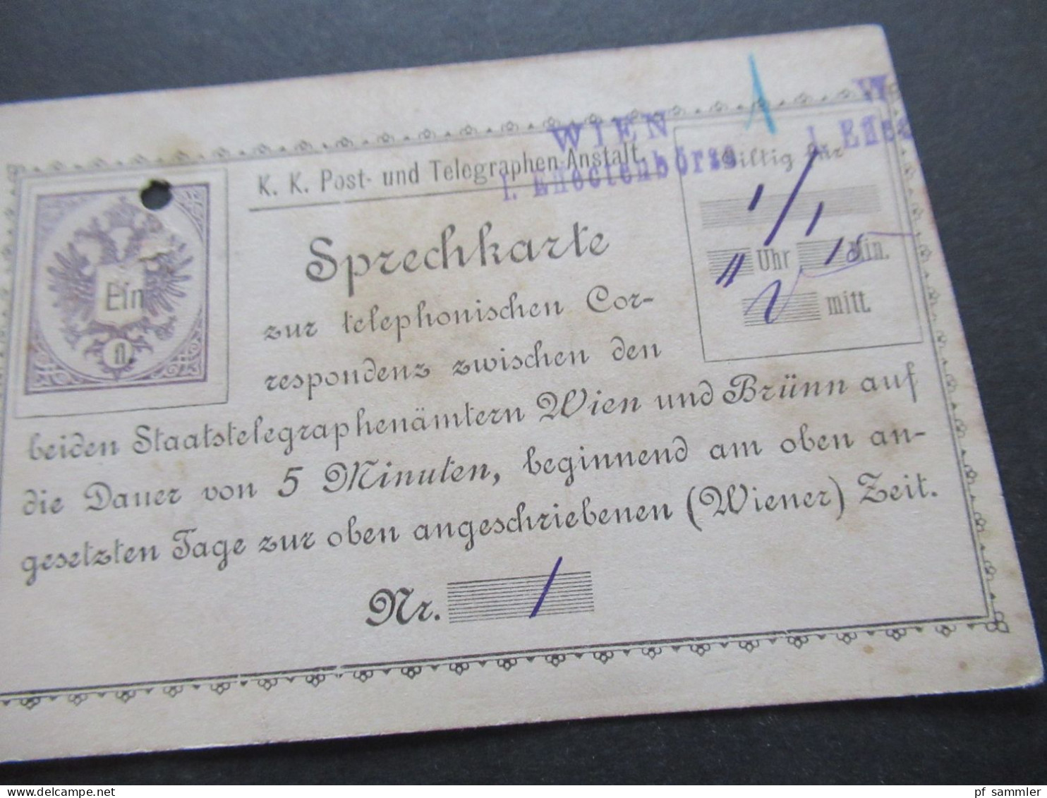 Österreich 1886 Telefonkarte Sprechkarte Ein Fl. TK 2 Gebraucht / Gelocht Violetter L2 Wien I. Effectenbörse - Cartes Postales