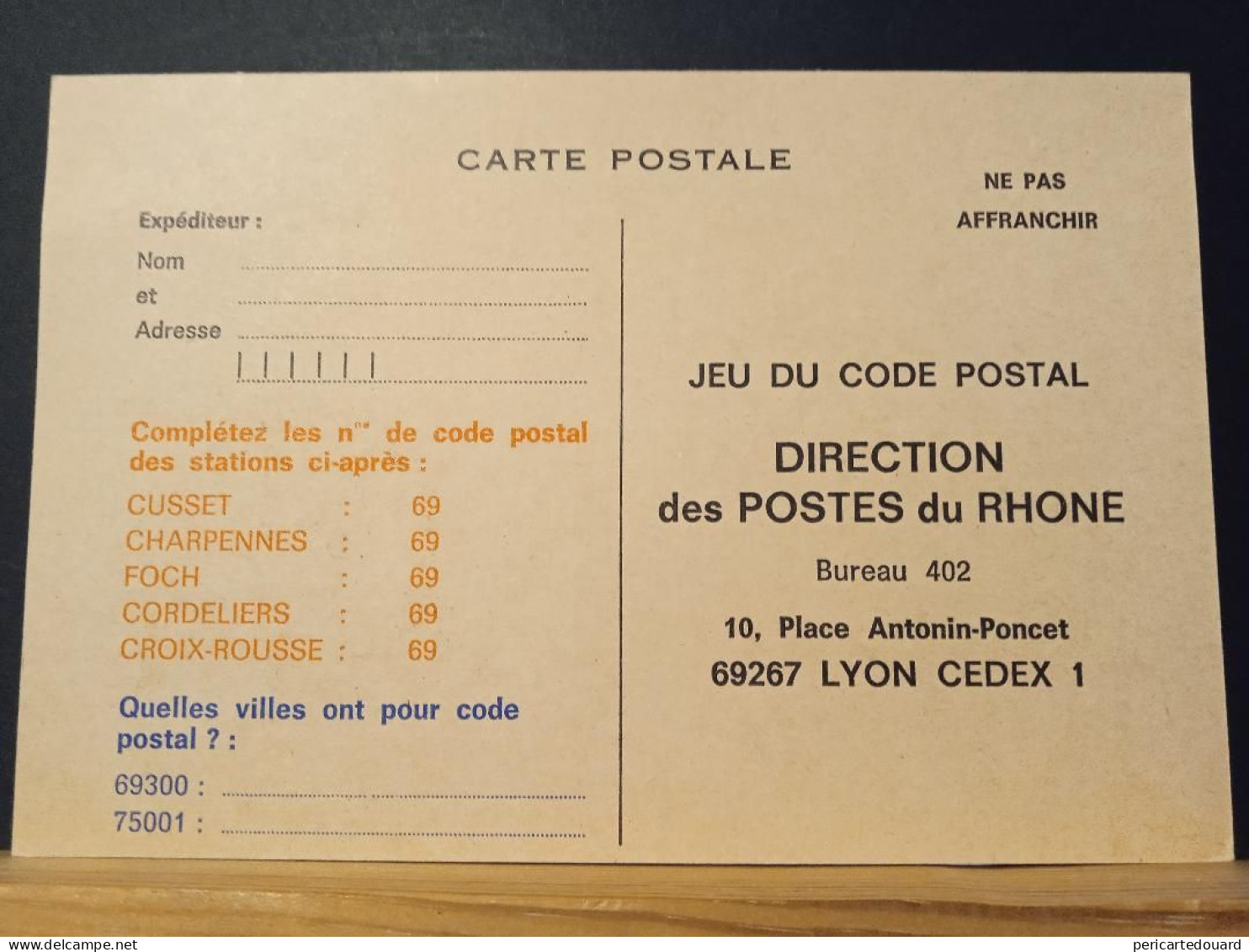 Code Postal, Carte Postale En Franchise "Jeu Du Code Postal, Direction Des Postes Du Rhone. Neuve - Covers & Documents