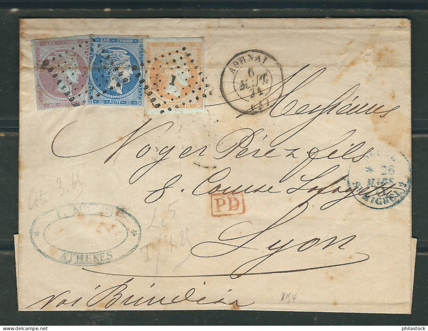 GRECE 1871 Bel Affranchissement Tricolore Mais Pli D'archive D'Athenes Pour Lyon - Cartas & Documentos