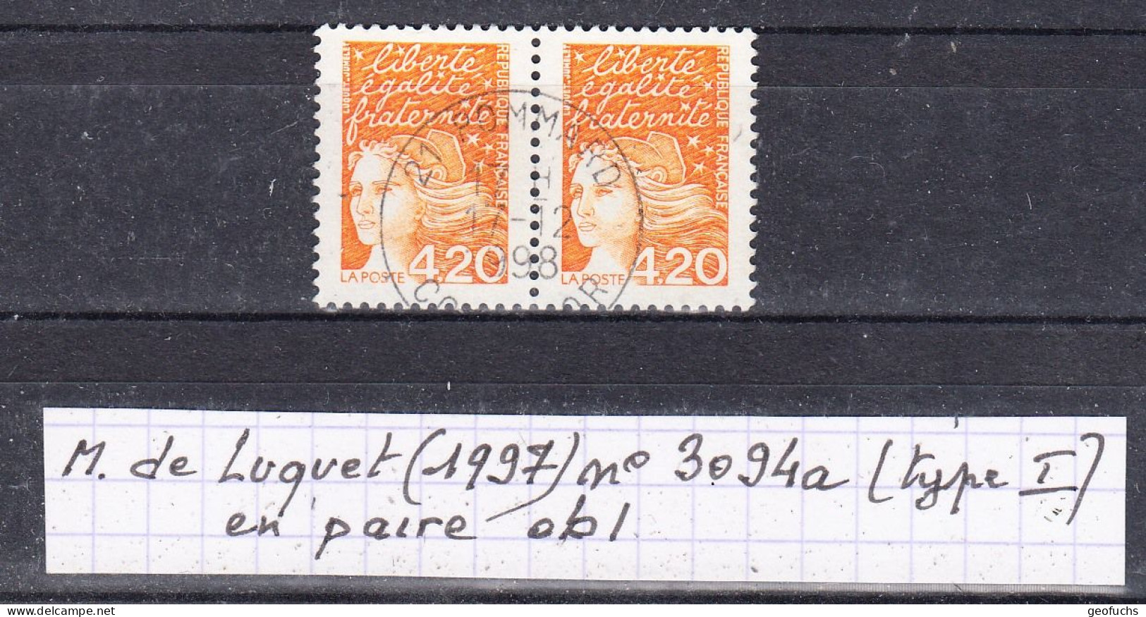 France Marianne Du 14 Juillet (1997)  Variéré Y/T Paire 3094a (type I Oreille Intacte) Oblitérés - 1997-2004 Marianne Du 14 Juillet
