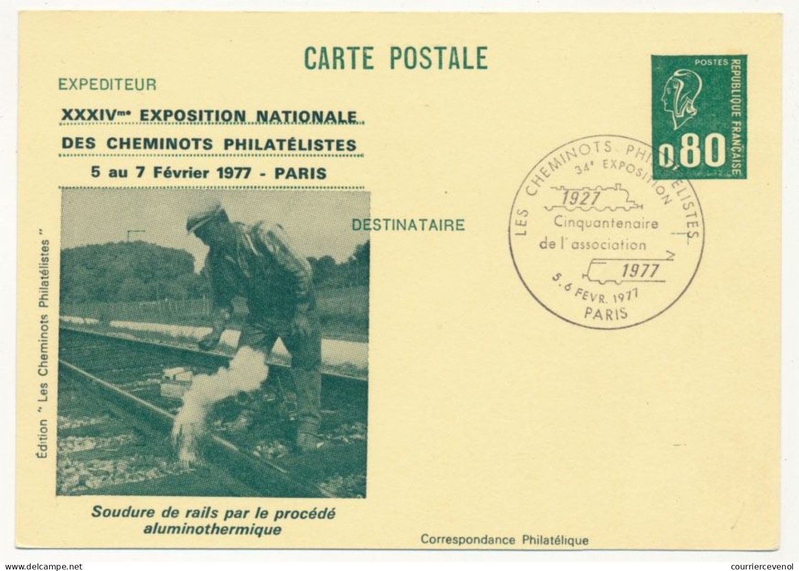 CP Entier Repiqué 0,80 Bequet - Soudure De Rails - 34e Expo Des Cheminots Philatélistes - PARIS -5/6 Fév 1977 - Bijgewerkte Postkaarten  (voor 1995)