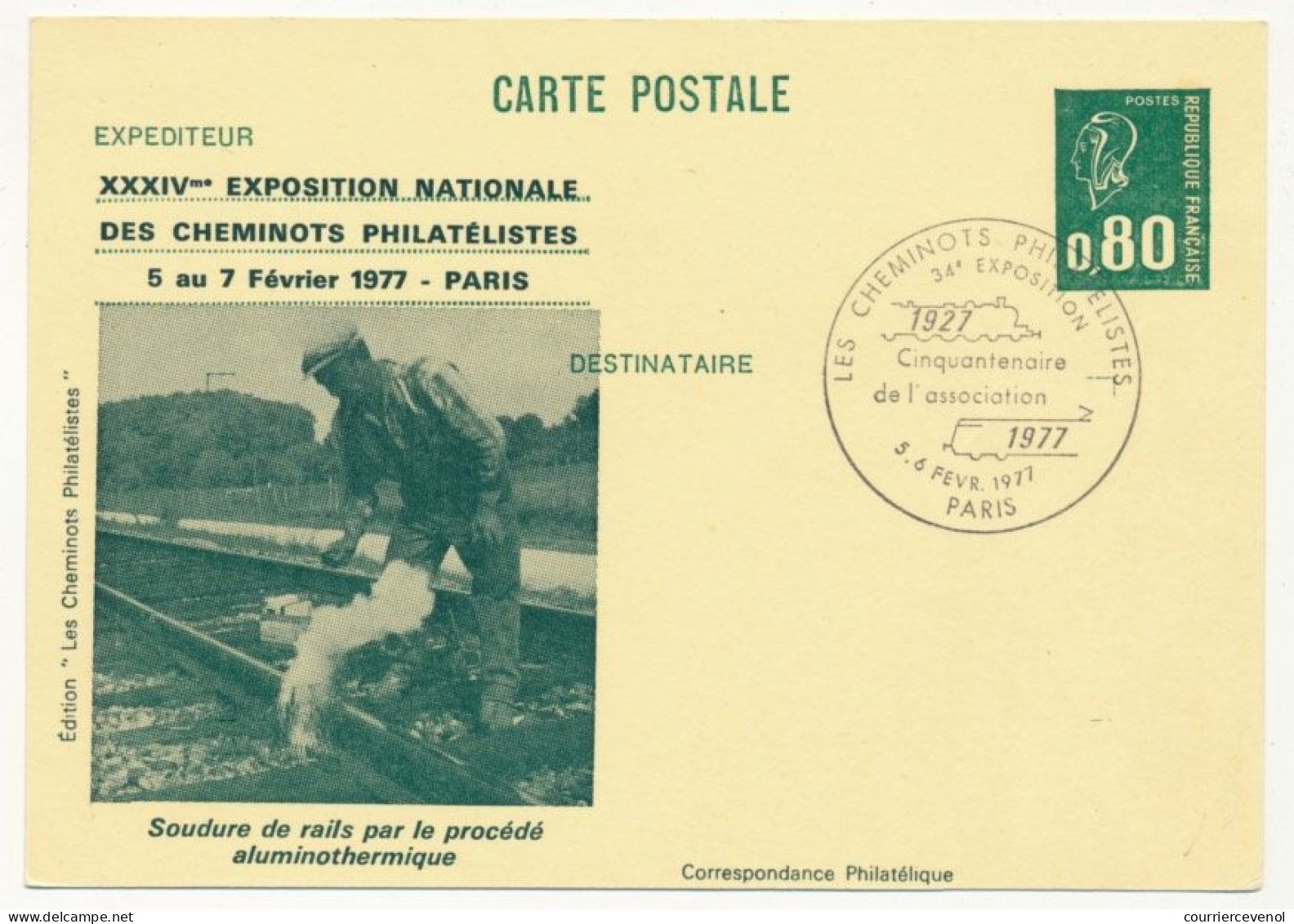 CP Entier Repiqué 0,80 Bequet - Soudure De Rails - 34e Expo Des Cheminots Philatélistes - PARIS -5/6 Fév 1977 - Overprinter Postcards (before 1995)