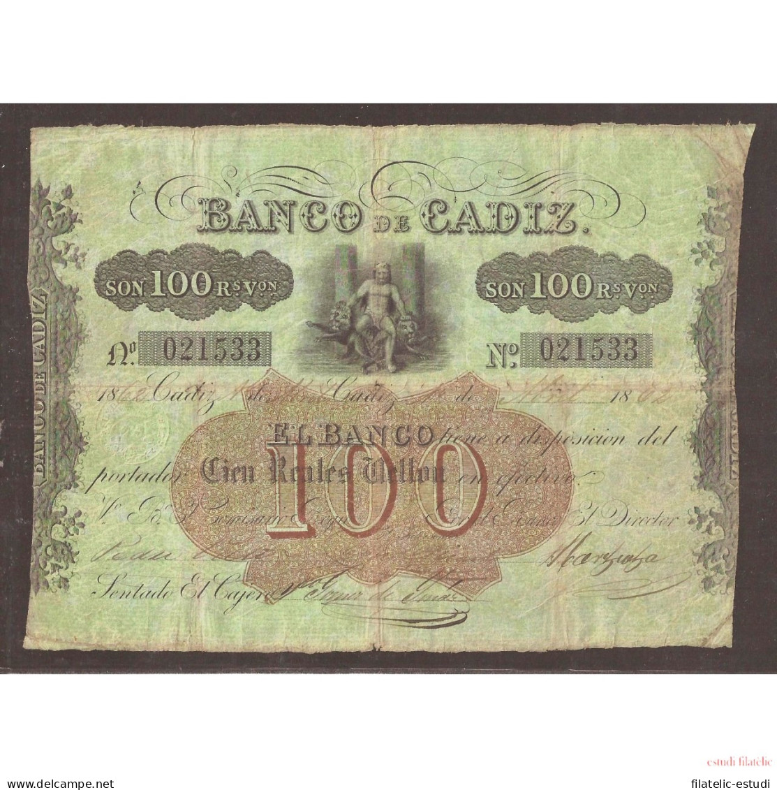 Billete 100 Reales De Vellón  1862  Banco De Cádiz  2ª Emisión  MBC- - Andere & Zonder Classificatie