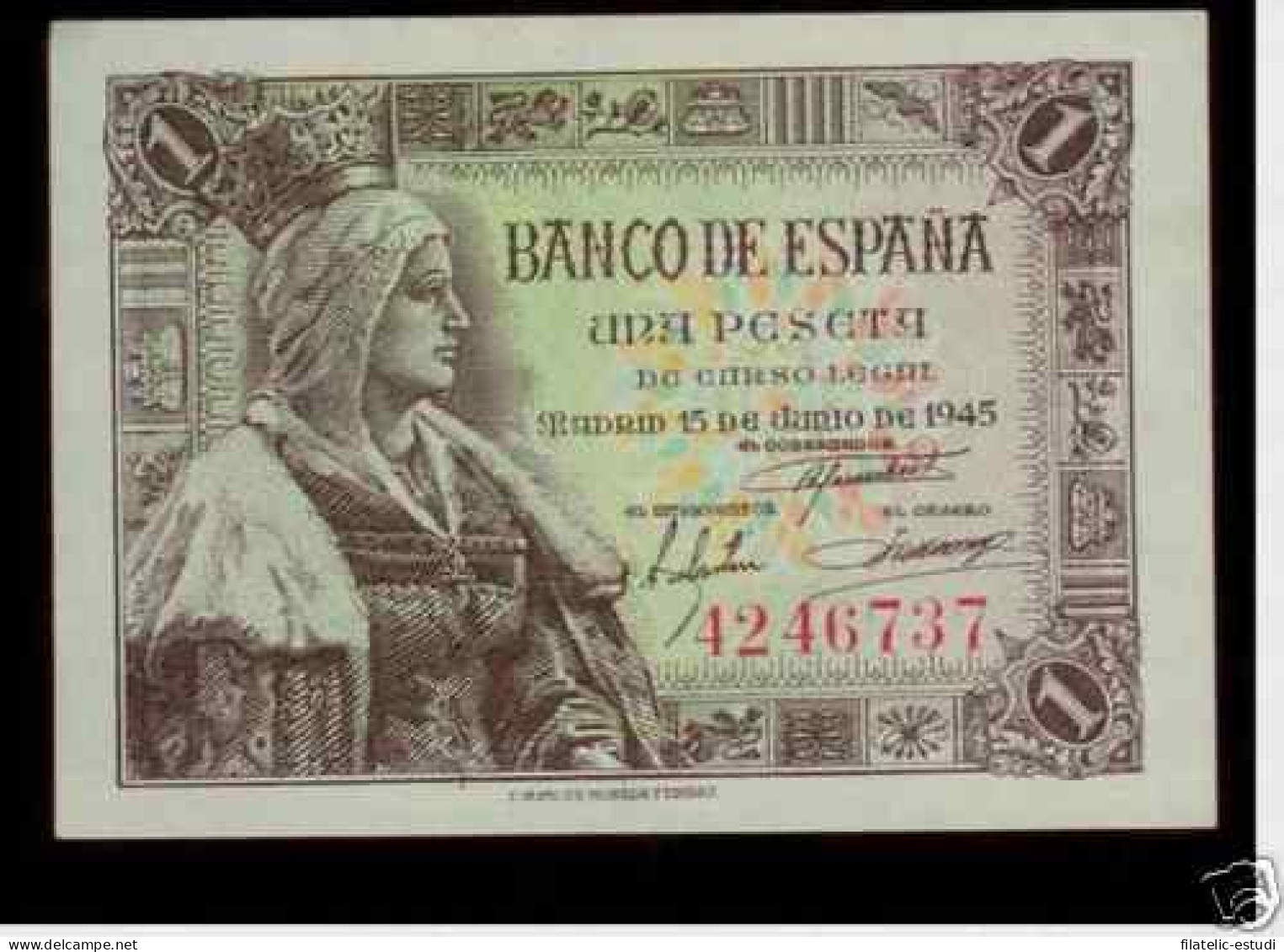 España Billete 1 Pta 15 06 1945  Isabel La Católica Sin Circular - Otros & Sin Clasificación