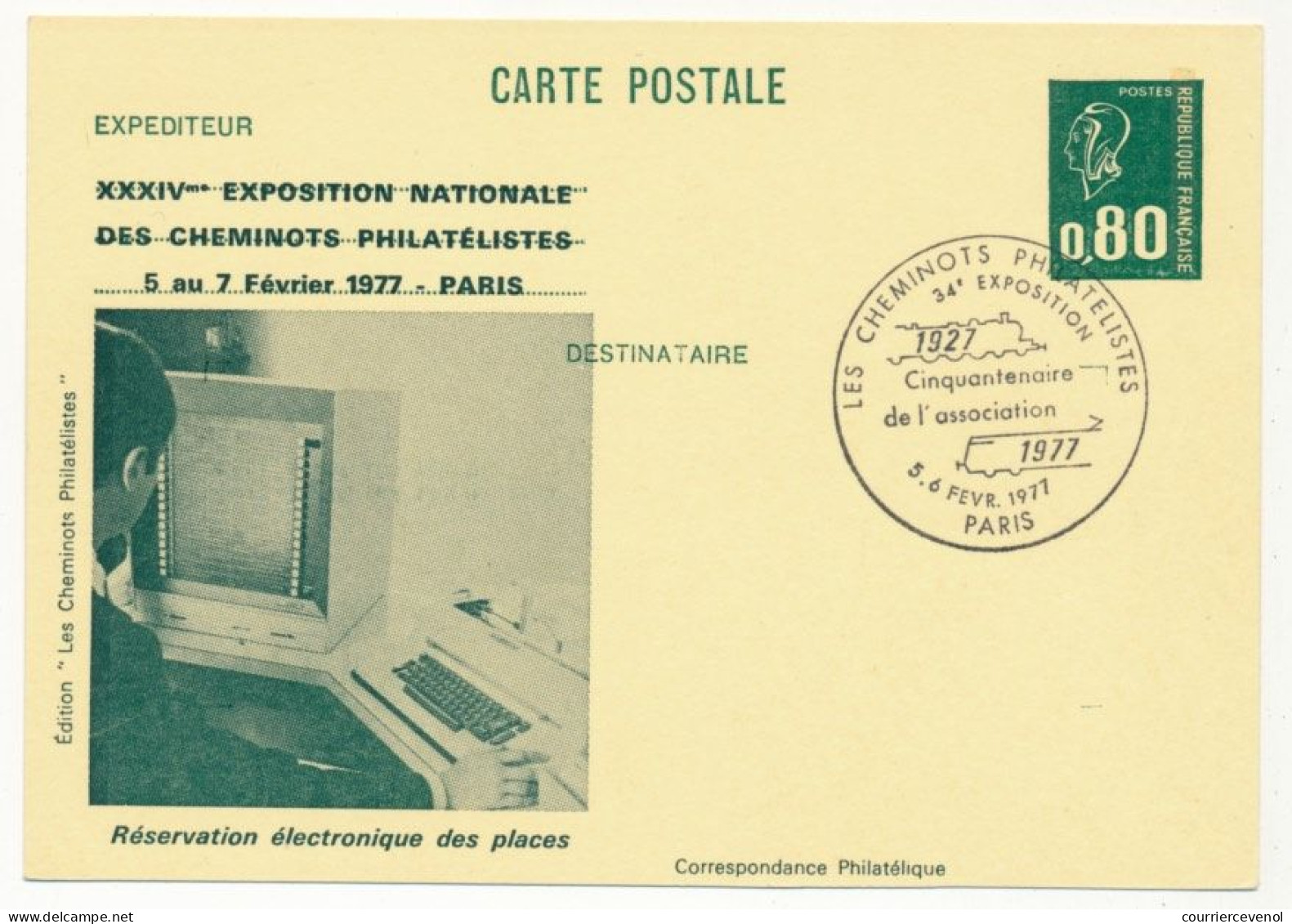 CP Entier Repiqué 0,80 Bequet - Réservation électronique - 34e Expo Des Cheminots Philatélistes - PARIS -5/6 Fév 1977 - Bijgewerkte Postkaarten  (voor 1995)