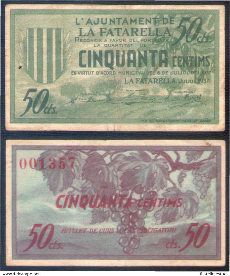 Billete Local 1937 Ajuntament De Fatarella 50 Cts - Otros & Sin Clasificación