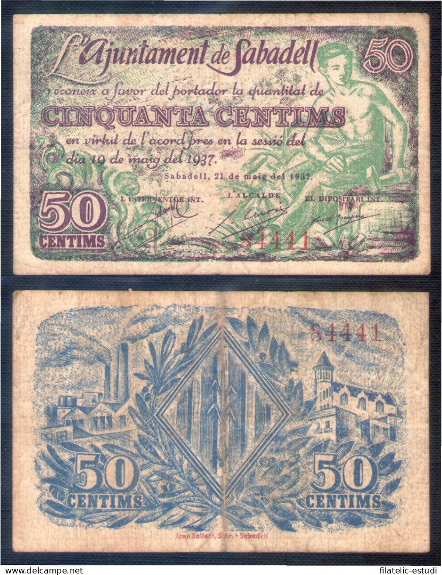 Billete Local 1937 Ajuntament De  Sabadell  50 Cts - Otros & Sin Clasificación