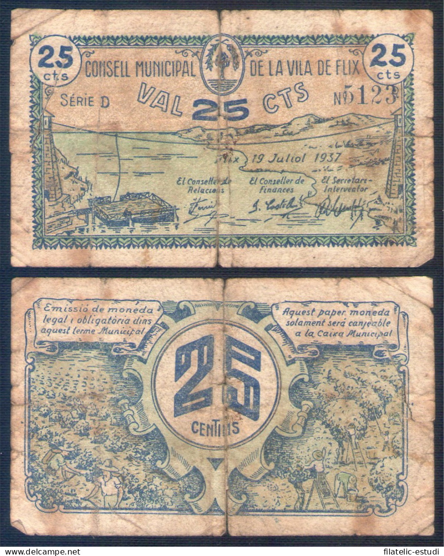 Billete Local 1937 Consell Municipal De Flix 25 Cts - Autres & Non Classés