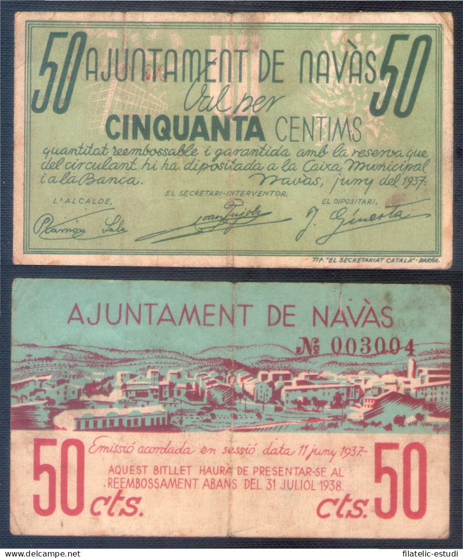 Billete Local 1937 Ajuntament De Navàs 50 Centims. - Other & Unclassified