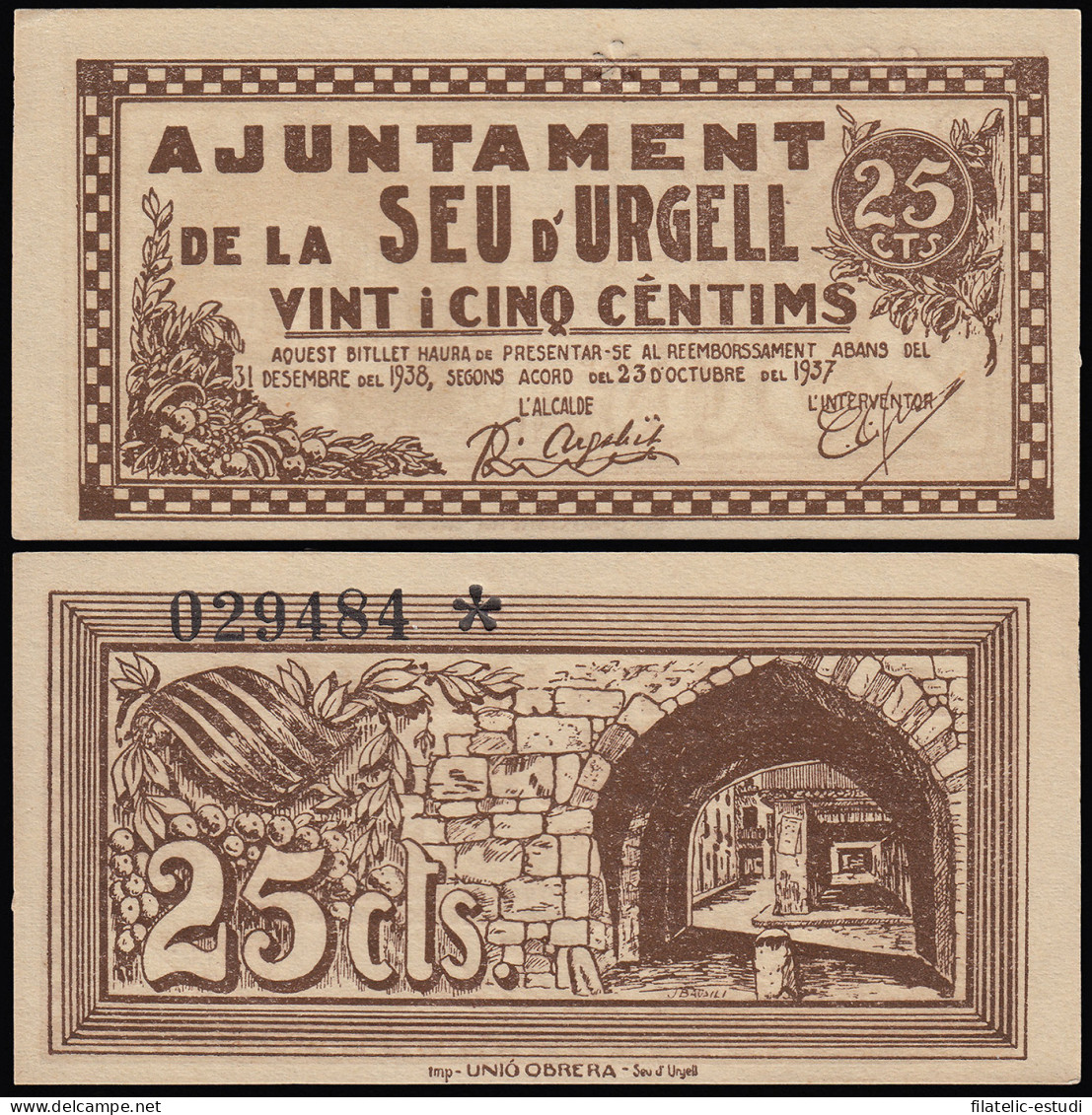 Billete Local 1937 Ajuntament De Seu D Urgell 25 Cts. - Altri & Non Classificati