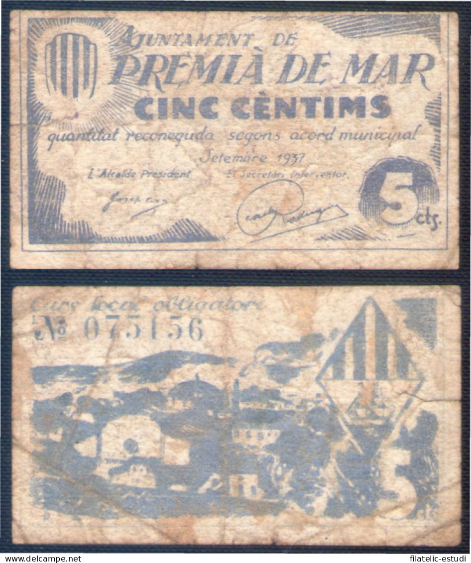 Billete Local 1937 Ajuntament De Premia De Mar  5 Cts. - Otros & Sin Clasificación