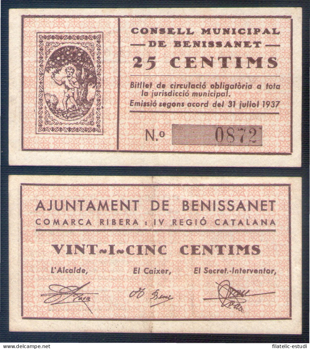 Billete Local 1937 Consell Municipal De Benissanet 25 Centims - Altri & Non Classificati